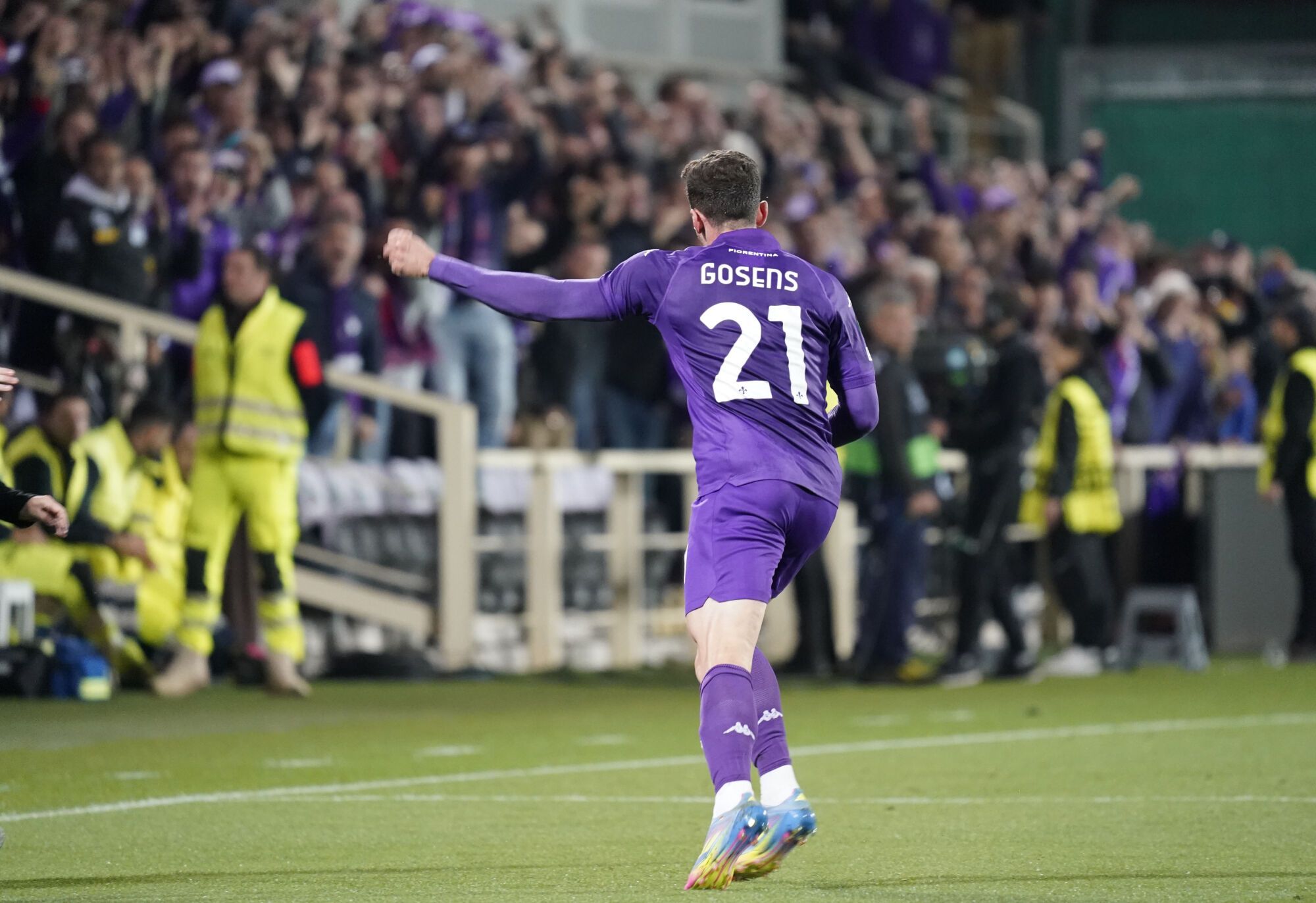 Fiorentina’s Robin Gosens celebrates after scoring the goal of 1-1 during the UEFA Conference League soccer match between Fiorentina and Betis at Artemio Franchi stadium in Florence, Italy - Thursday, May 08, 2025. (Photo by Marco Bucco/LaPresse )