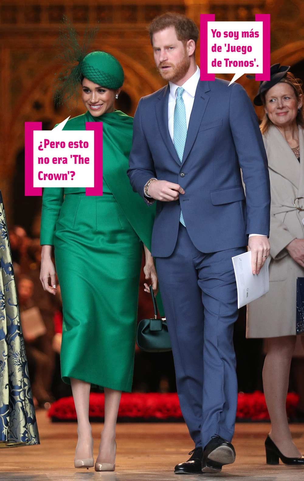 Meghan Markle con vestido verde y el principe Harry