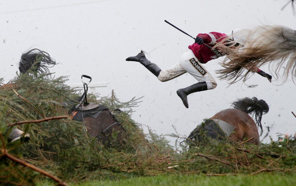 Primer premio de Deportes. La jockey Nina Carberry sale volando de su caballo Sir Des Champs durante el Campeonato Nacional de salto de obstáculos de Liverpool, Reino Unido. Foto de Tom Jenkins.