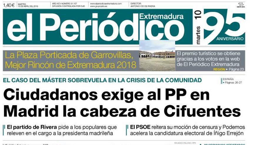 Esta es la portada de EL PERIÓDICO EXTREMADURA correspondiente al día 10 de abril del 2018