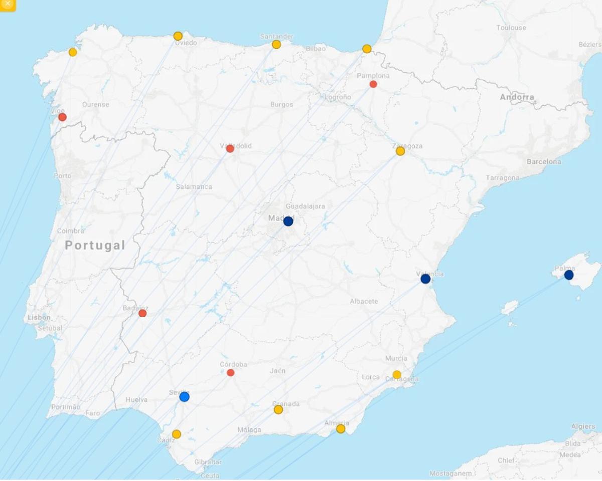 Aeropuertos peninsulares donde opera Binter. El color indica el número de conexiones en cada uno.
