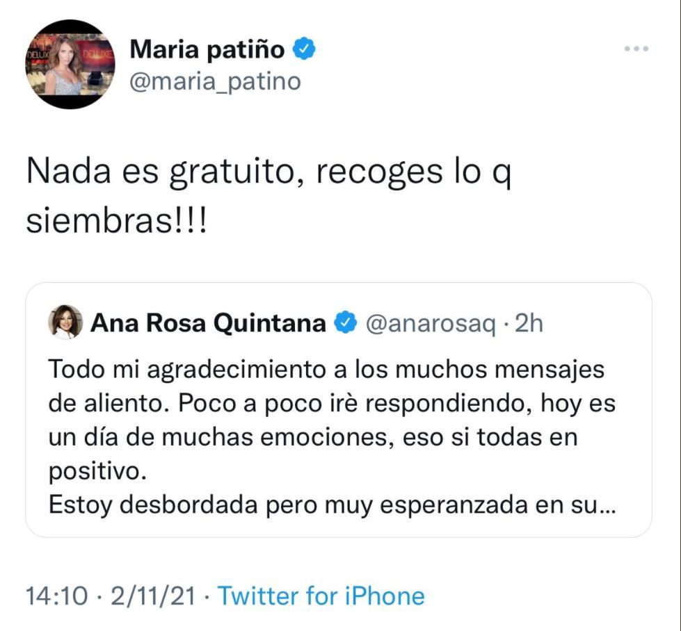 Polémico tweet de María Patiño mandando ánimos a Ana Rosa tras anunciar que padece cáncer