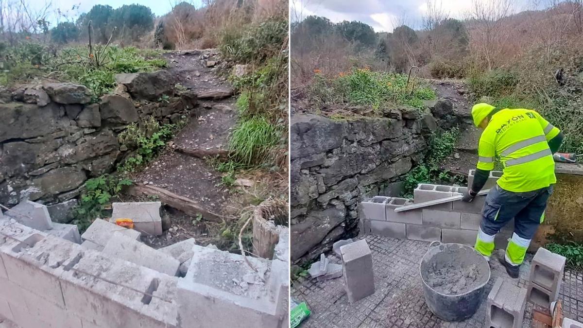 Un murete derribado, con una imegen de su colocación a la derecha.