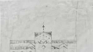 Boceto del proyecto de parroquia pretendido por el obispado en los años 30, con la silueta de las torres de la Fachada del Nacimiento a la derecha.