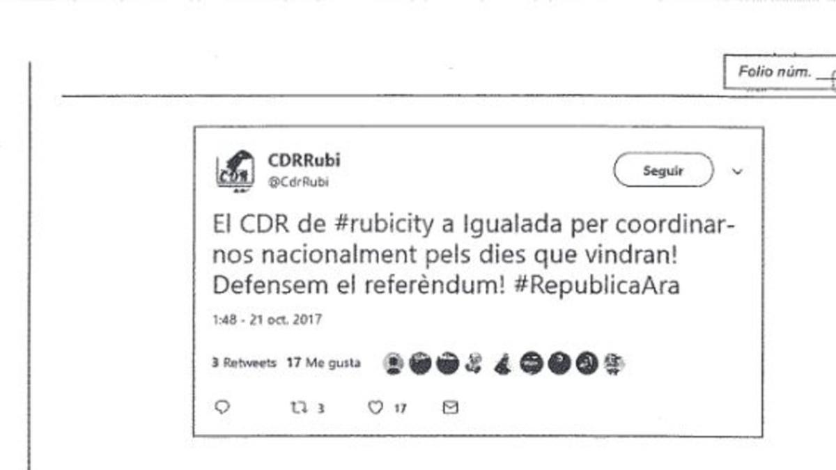 El tuit del CDR de Rubí que aparece en el informe de la Guardia Civil.