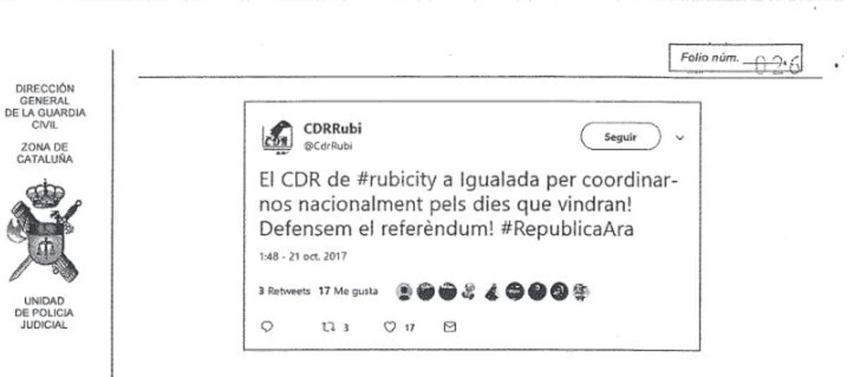 El tuit del CDR de Rubí que apareix a l’informe de la Guàrdia Civil.