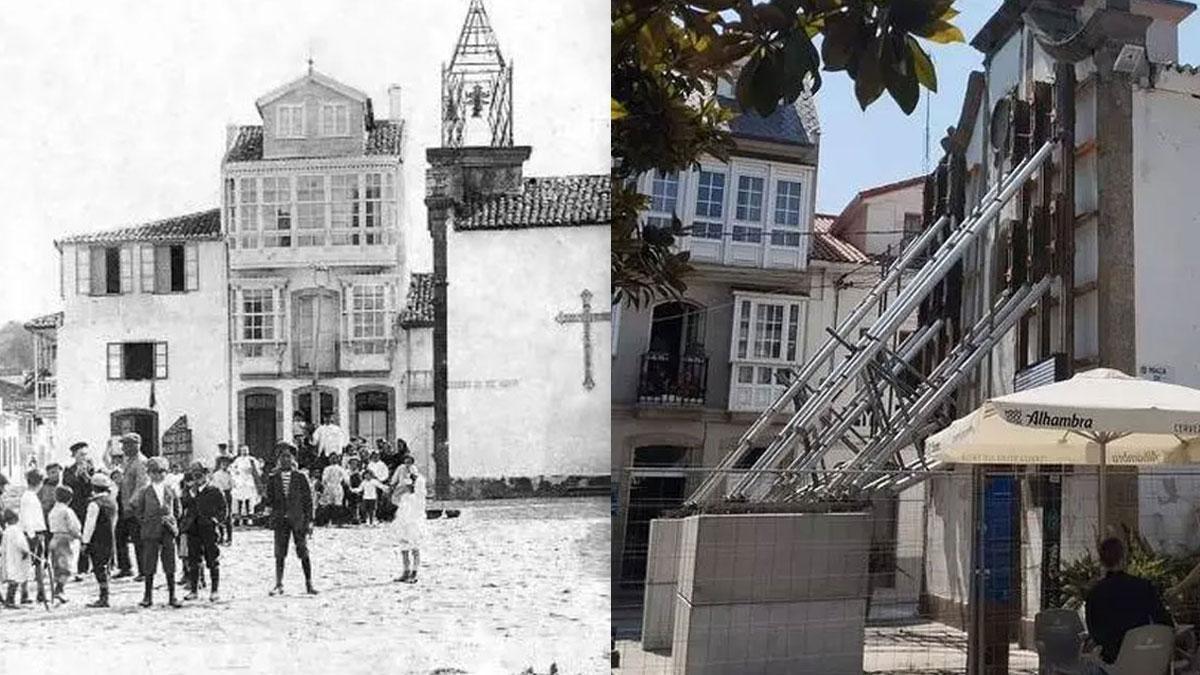 La capillla de San Roque, apuntalada ante el riesgo de derrumbe, y fotografía antigua de la capilla de San Roque, con la fuente en el centro de la plaza.