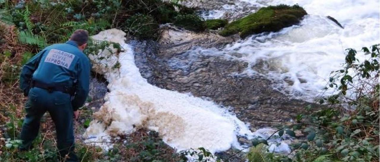 Espuma provocada por el vertido de purines al río en Aranga. |   // FDV