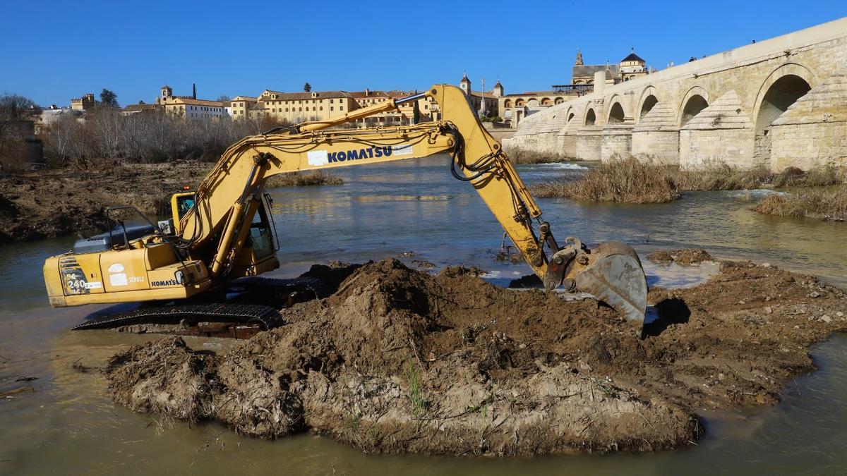 Una máquina retroexcavadora retira los sedimentos del islote junto al Puente Romano, tras haber sido limpiado de toallitas.