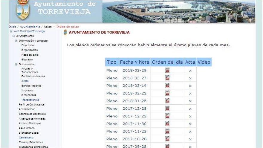 Captura de la página web en la que se da cuenta de las actas y los vídeos del pleno...vacía