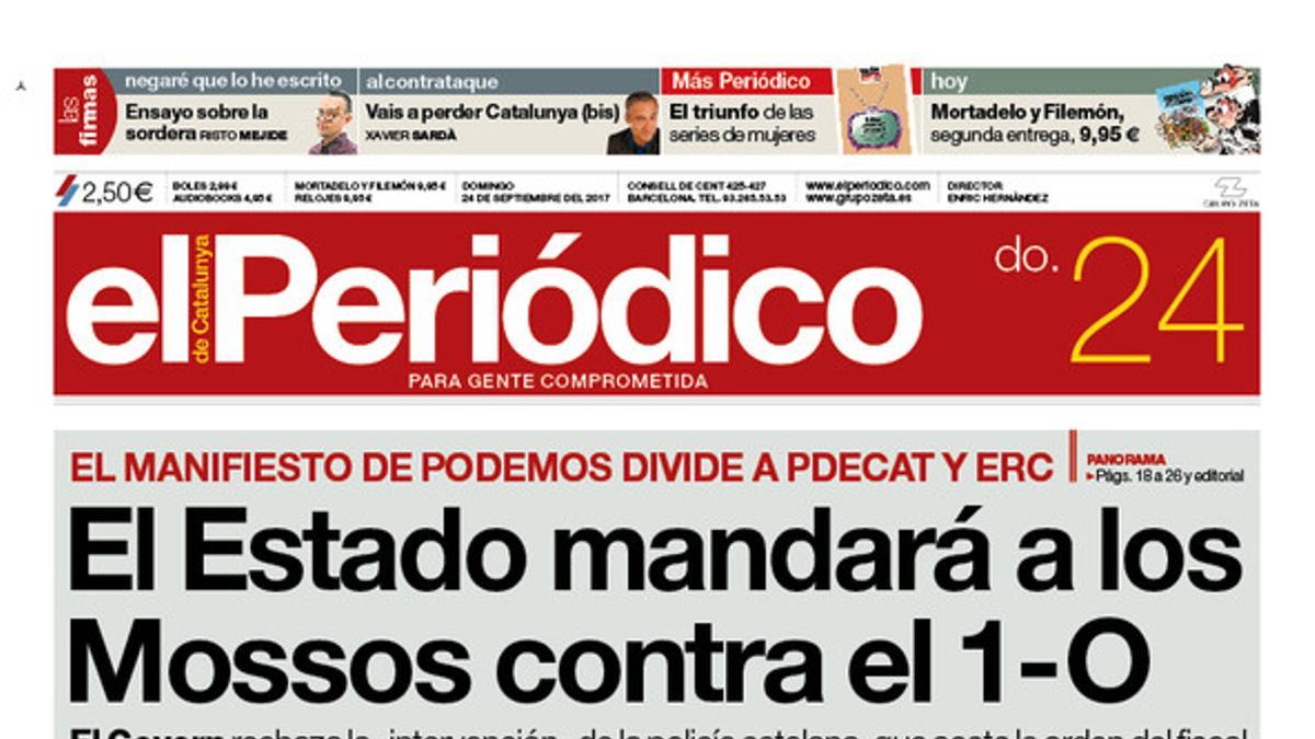 La portada de EL PERIÓDICO del 24 de septiembre del 2017.