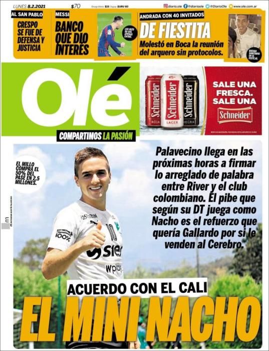 Portada OLÉ lunes 8 febrero 2021