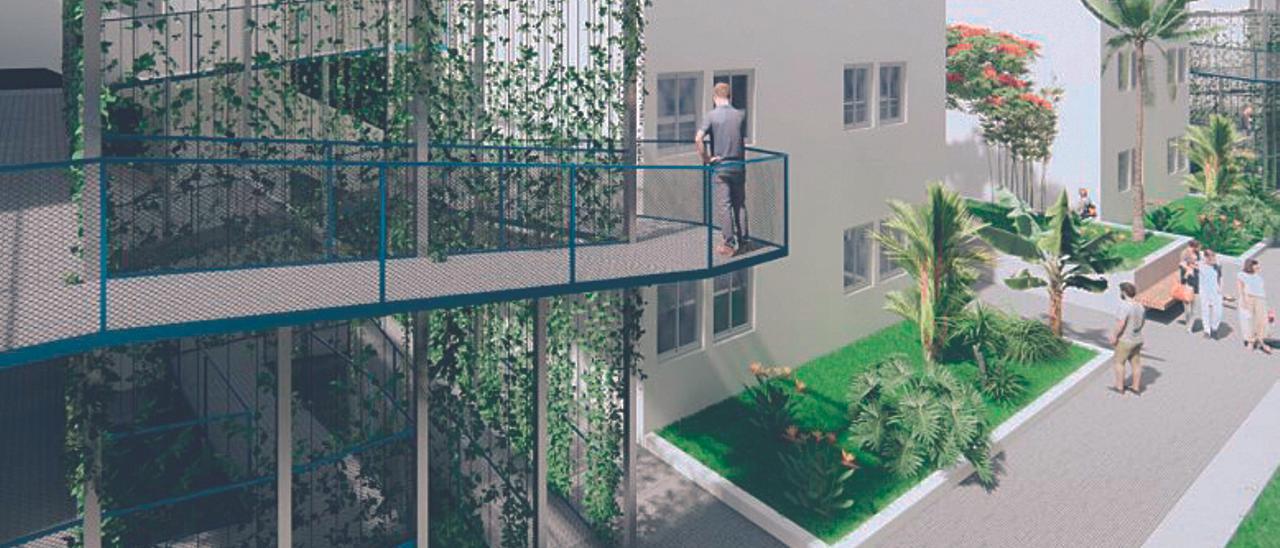 Simulación del proyecto previsto en la barriada Señorita María Manrique de Lara, en Agaete, con los jardines verticales en las rampas de acceso y las zonas verdes.