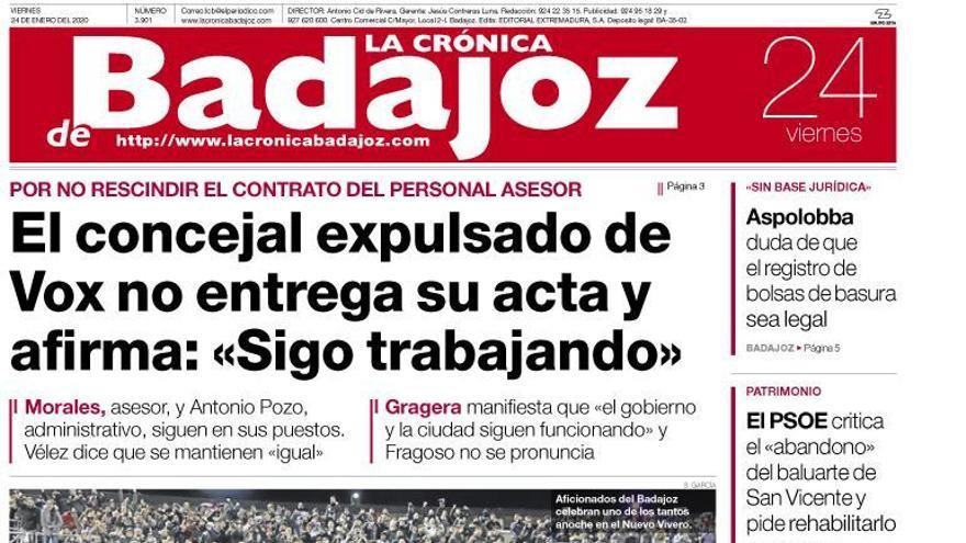 Esta es la portada de LA CRÓNICA DE BADAJOZ correspondiente al día 24 de enero del 2020