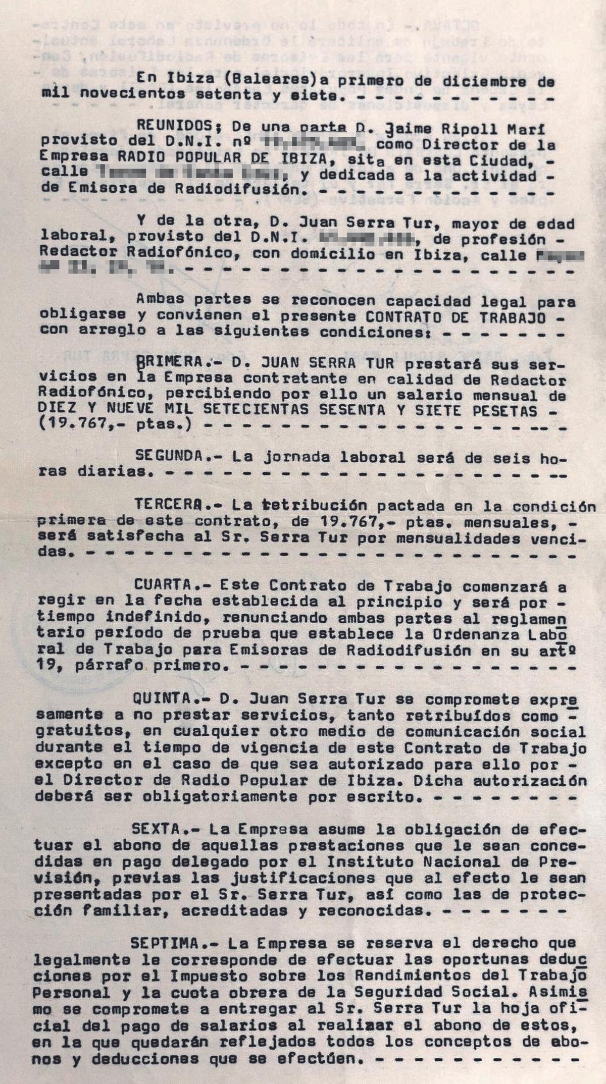 Primer contrato de Joan Serra.