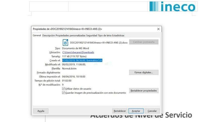 Los metadatos demuestran que el archivo fue creado por IBERMÁTICA S.A., la empresa que acabó ganando la licitación.