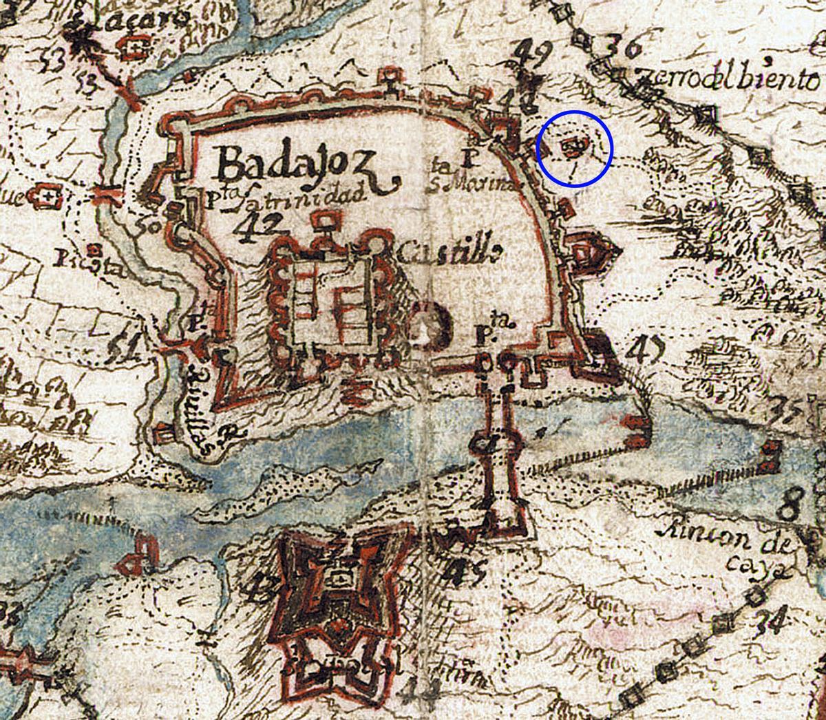 Foto (solo web). Plano deBernabé Gainza Allafor, 1658. En el círculo, la puerta y ermita de Santa Marina.