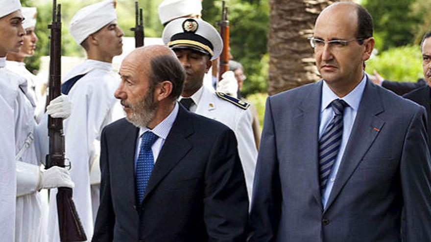 Alfredo Pérez Rubalcaba, este lunes, durante su visita a Rabat