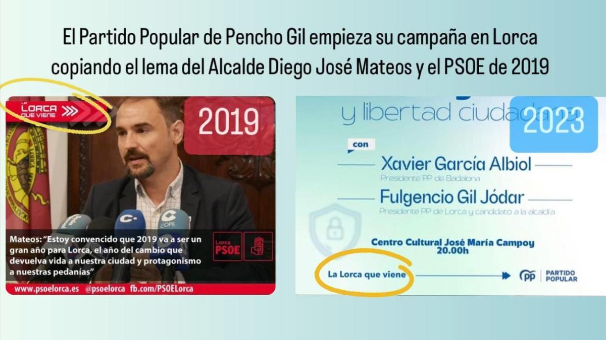 Pantallazo de las redes sociales del PSOE en las que mostraban que los populares habían utilizado un lema suyo de la precampaña anterior para su nueva página web.