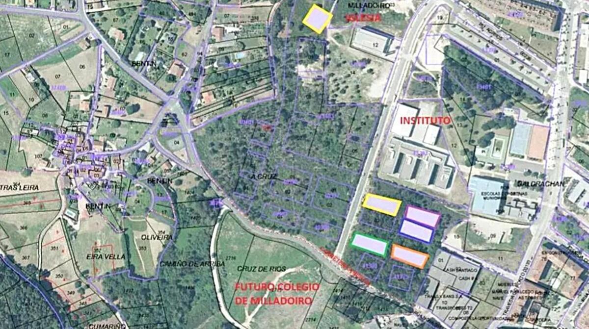 Los rectángulos coloreados de la parte inferior marcan la ubicación de los cinco inmuebles previstos en Milladoiro