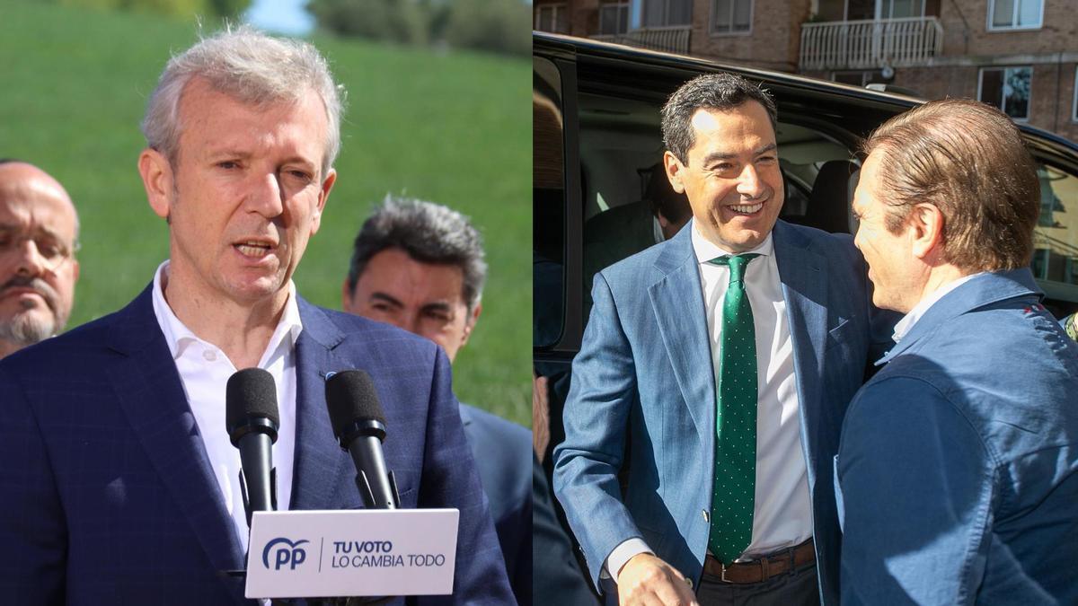 El presidente de la Xunta de Galicia, Alfonso Rueda, en un acto del PP catalán y el presidente de Andalucía, Juanma Moreno, en una visita a Lleida.