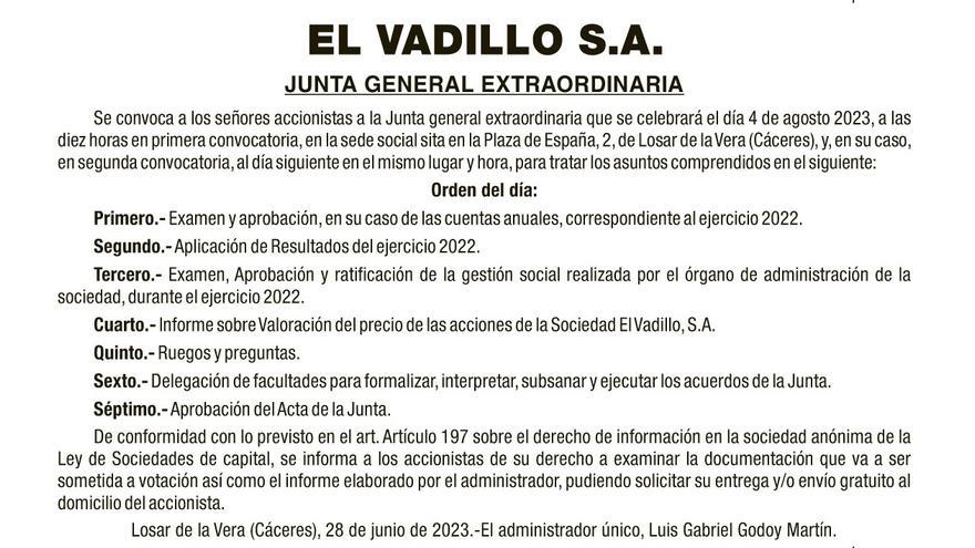 EL VADILLO S.A. JUNTA GENERAL EXTRAORDINARIA