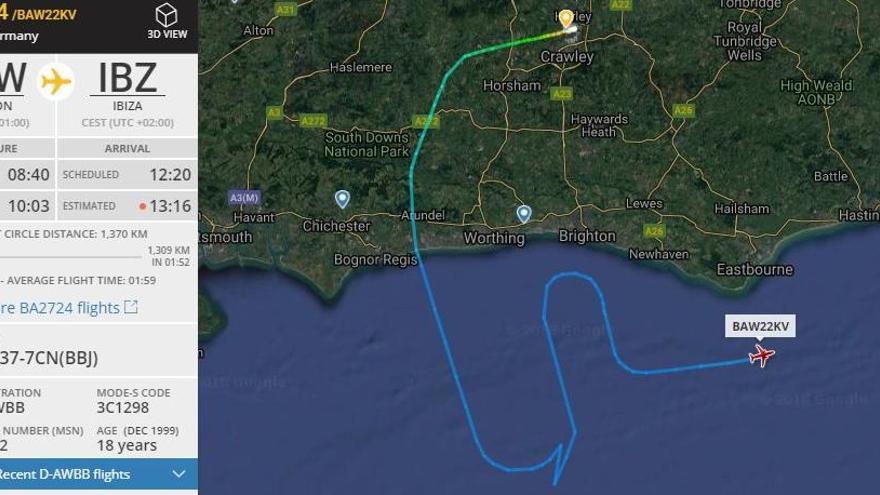 Imagen de Flightradar cuando el avión destino a Ibiza dio la vuelta