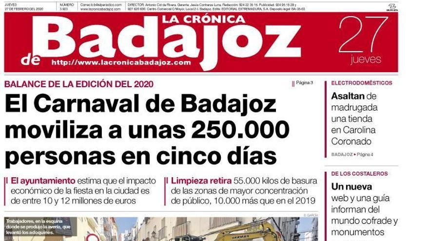 Esta es la portada de LA CRÓNICA DE BADAJOZ correspondiente al día 27 de febrero del 2020