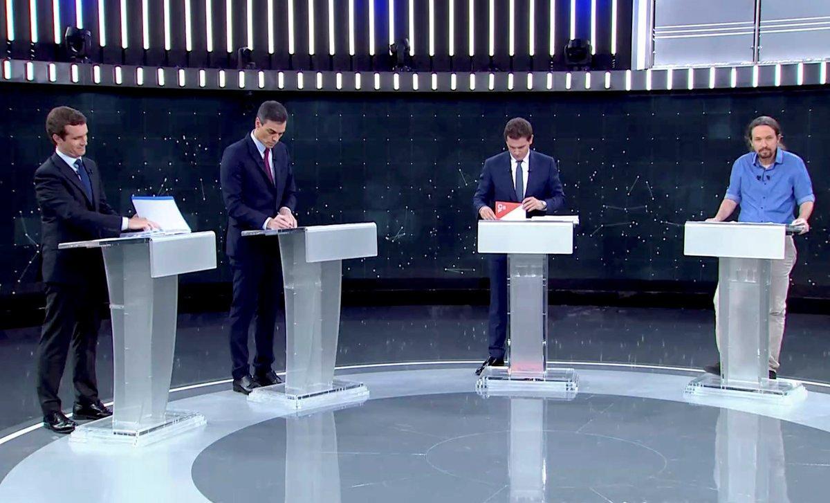 Candidates for Spanish general elections People s Party  PP  Pablo Casado  Spanish Prime Minister and Socialist Workers  Party  PSOE  Pedro Sanchez  Ciudadanos  Albert Rivera and Unidas Podemos  Pablo Iglesias attend a televised debate ahead of general elections in Pozuelo de Alarcon  outside Madrid  Spain  April 22  2019  TVE via REUTERS