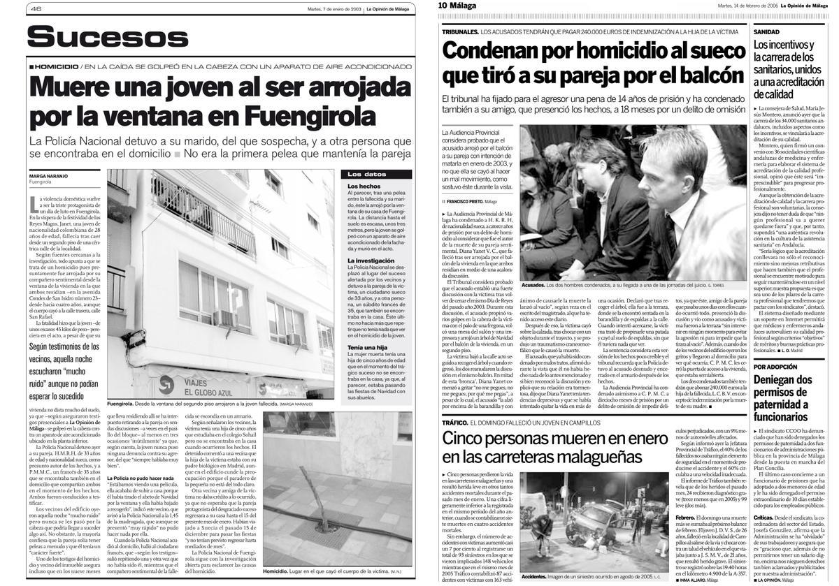 Dos páginas de La Opinión con la información del homicidio en 2003 y a condena en 2006