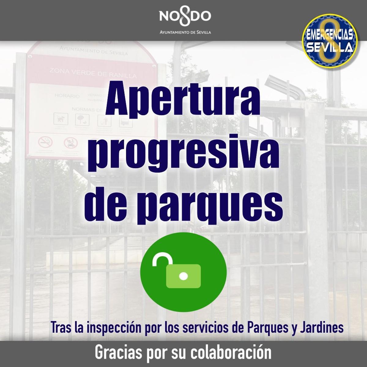 Aviso de Emergencias Sevilla con la reapertura de los parques en Sevilla