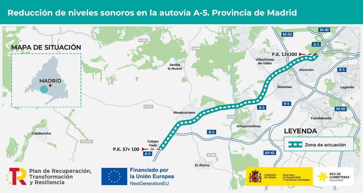 Se instalarán 10 pantallas en ambas márgenes de la A-5, entre los kilómetros 12,2 y 37,1