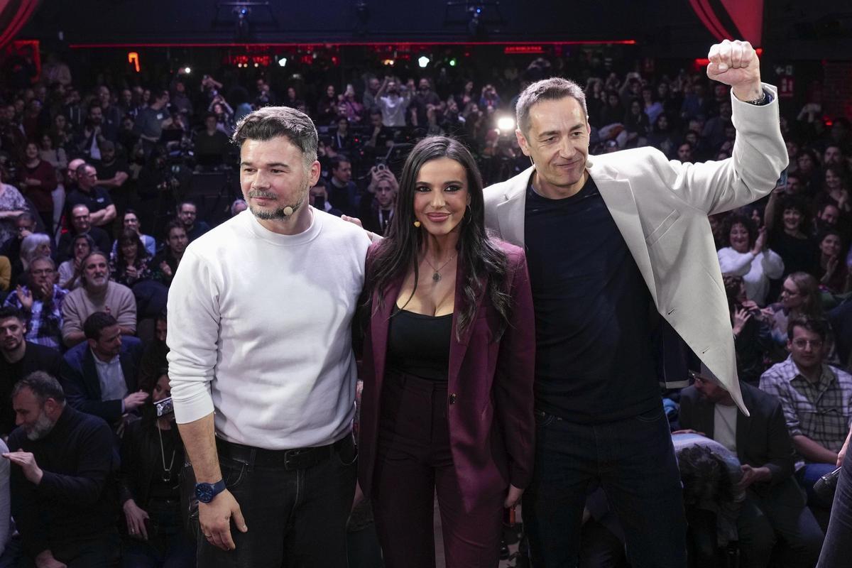 Rufián, Santaolalla y Emilio Delgado, en el acto de esta semana en Madrid.