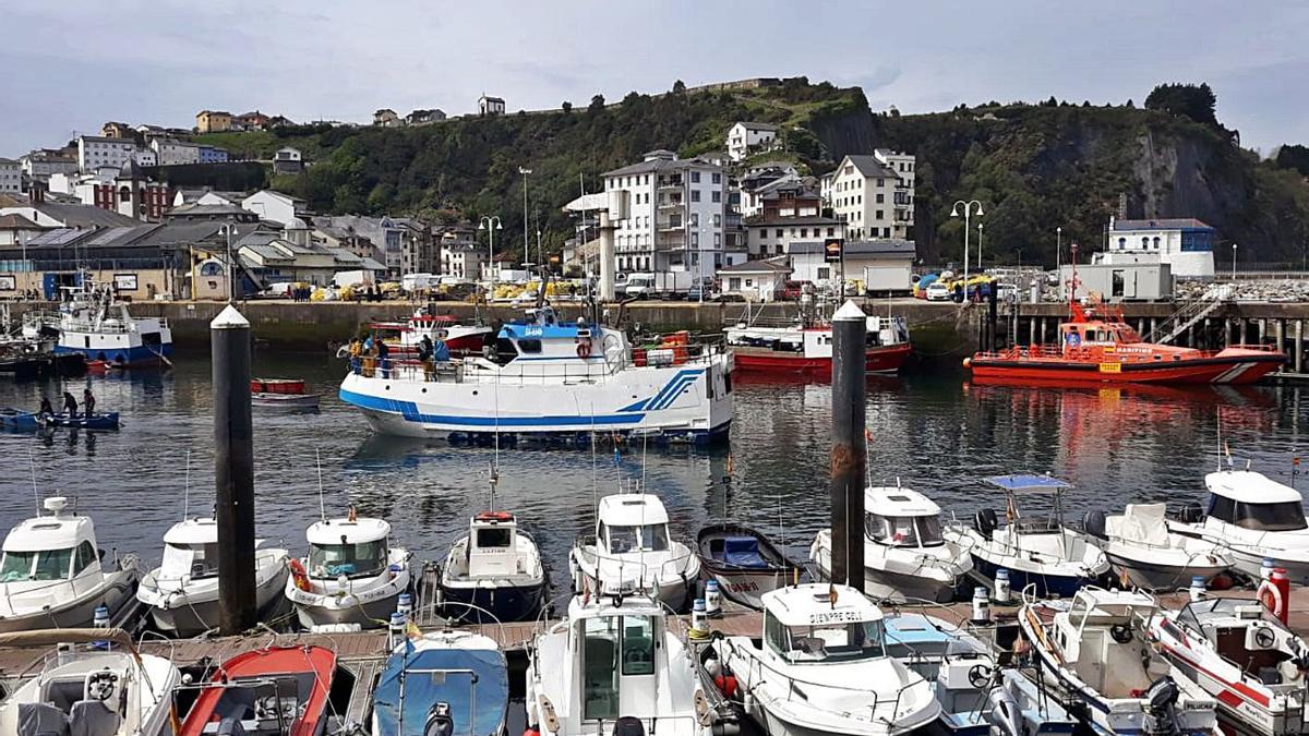 El barco “Tres hermanos Cacharelos”, ayer, encallado en el puerto de Luarca. | A. M. S.