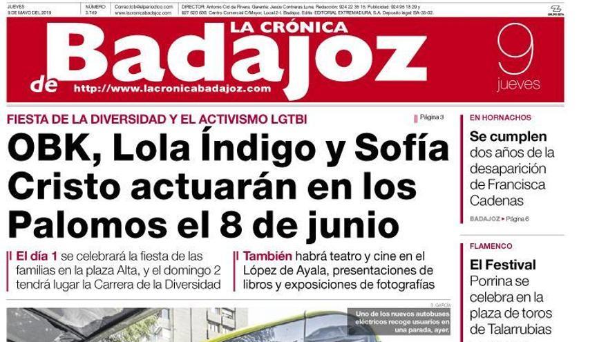 Esta es la portada de LA CRÓNICA DE BADAJOZ correspondiente al día 9 de mayo del 2019