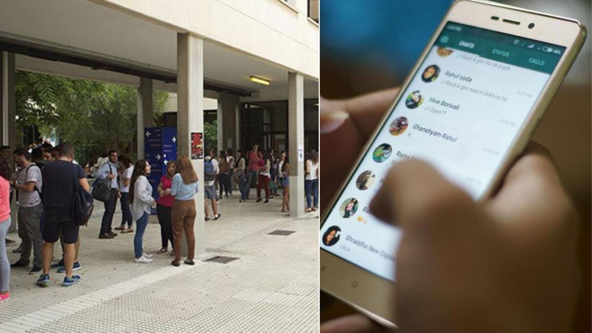 Facultad de Derecho de la Universidad de Alicante junto a una imagen de archivo de una persona utilizando WhatsApp