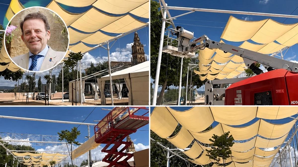 El concejal de Fiestas y varias imágenes de los toldos instalados en la calle Guadalquivir de El Arenal de un vídeo subido por el edil a sus redes sociales.