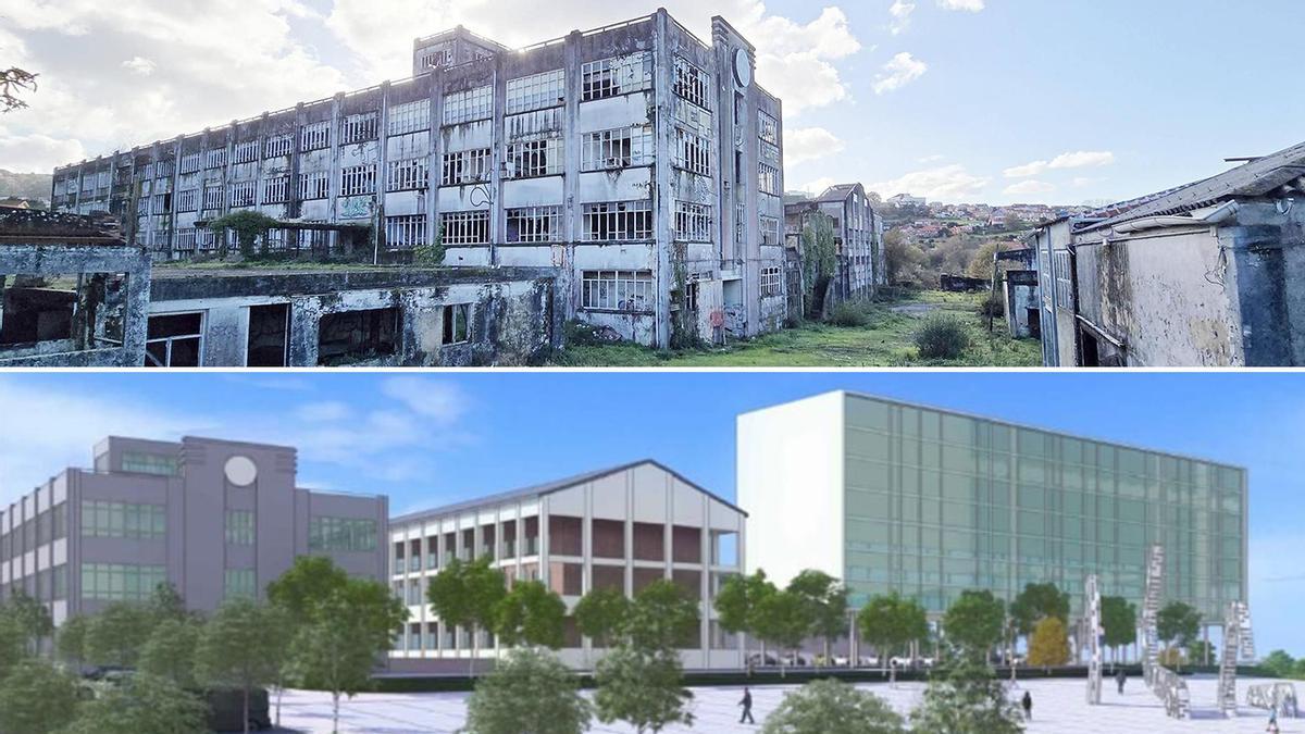 Vista actual de la antigua fábrica de Álvarez de Santa Clara y recreación del proyecto