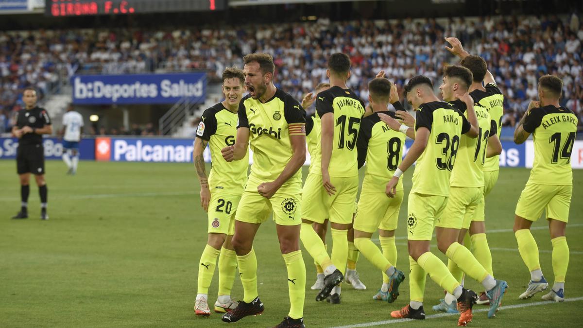 Stuani celebra el gol que va obrir el camí de la victòria i de l&#039;ascens a Tenerife