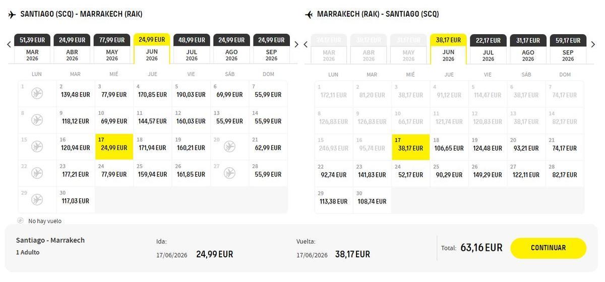 Calendario de precios del vuelo Santiago-Marrakech durante el mes de junio de 2026.