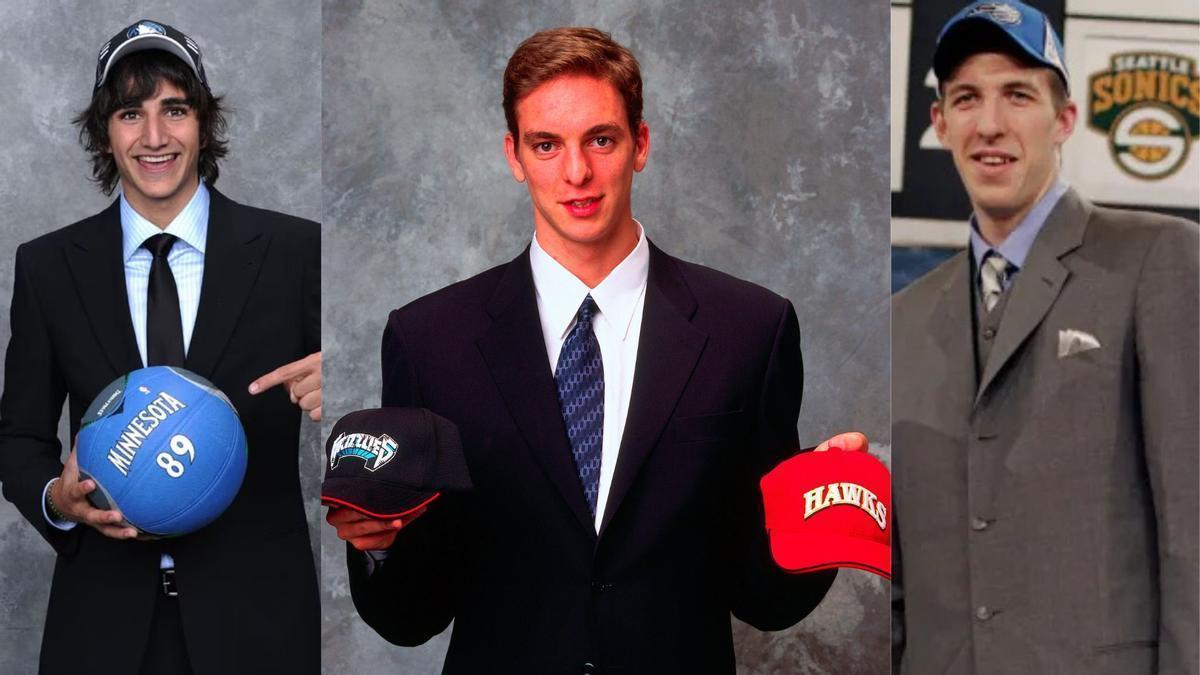 Ricky Rubio (2009), Pau Gasol (2001) y Fran Vázquez (2005), en sus noches del draft de la NBA