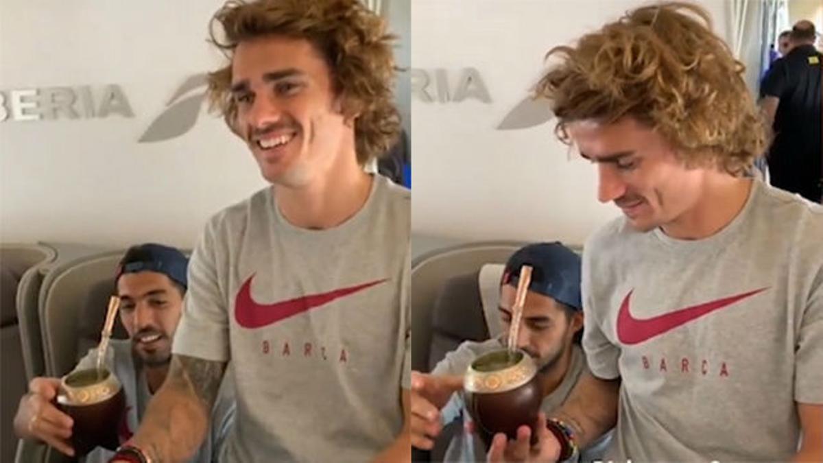 El buen rollo entre Suárez y Griezmann: comparten mate en el avión