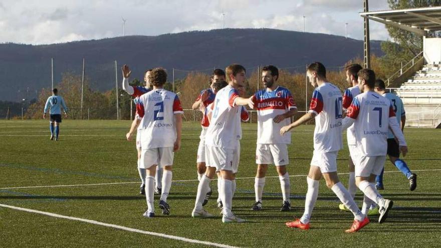 Los jugadores de la Unión Deportiva Ourense festejan un gol ante el Cea. // Jesús Regal