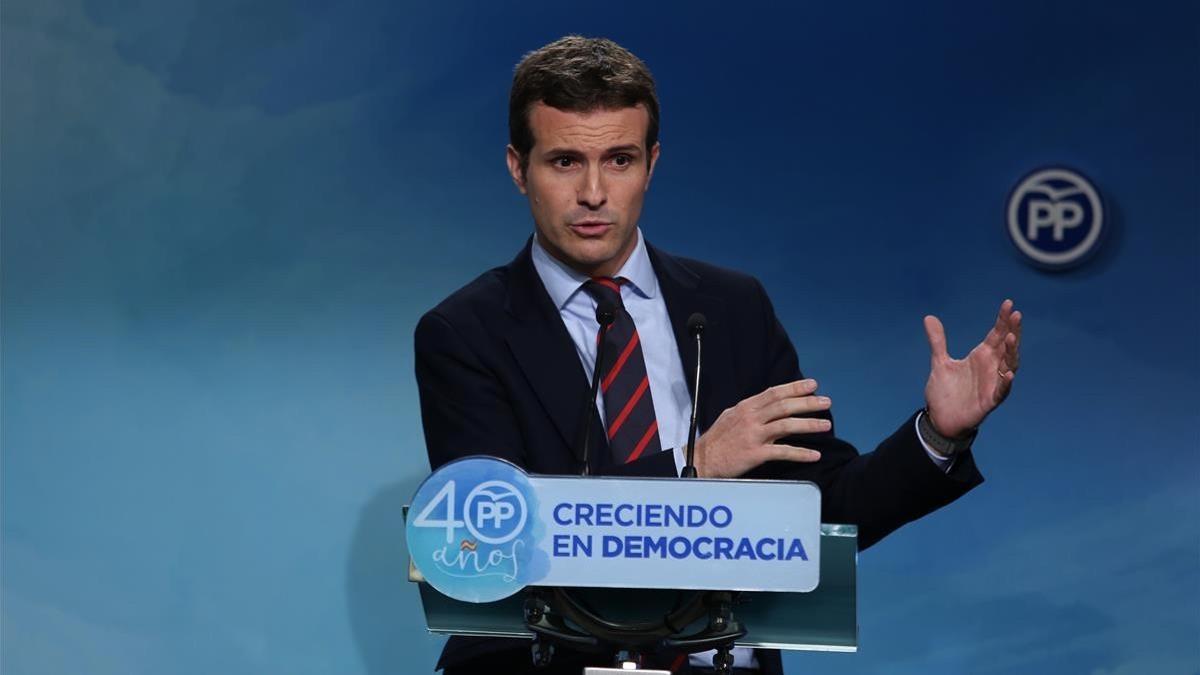 Rueda de prensa del vicesecretario de comunicación del PP, Pablo Casado.