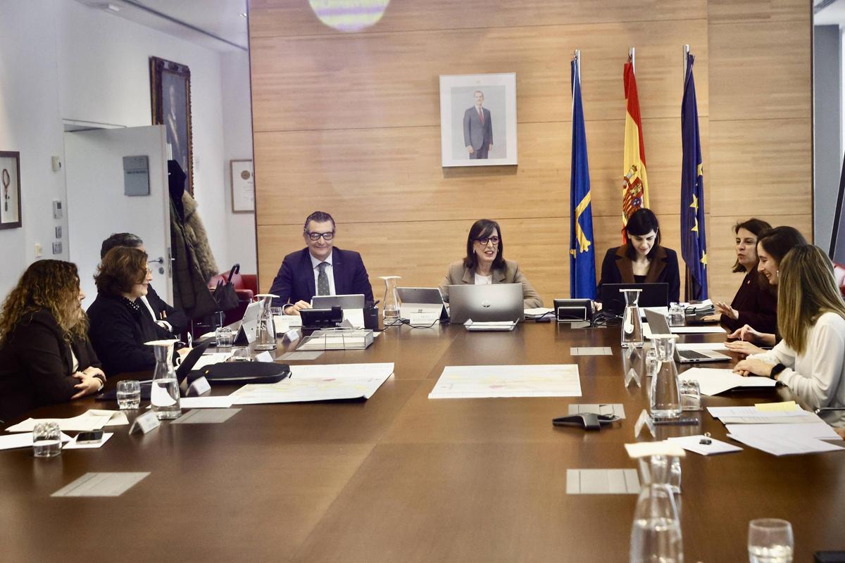 Nieves Roqueñí, al fondo en el centro, durante la reunión del Consejo de Administración de la Autoridad Portuaria de Gijón de este viernes.
