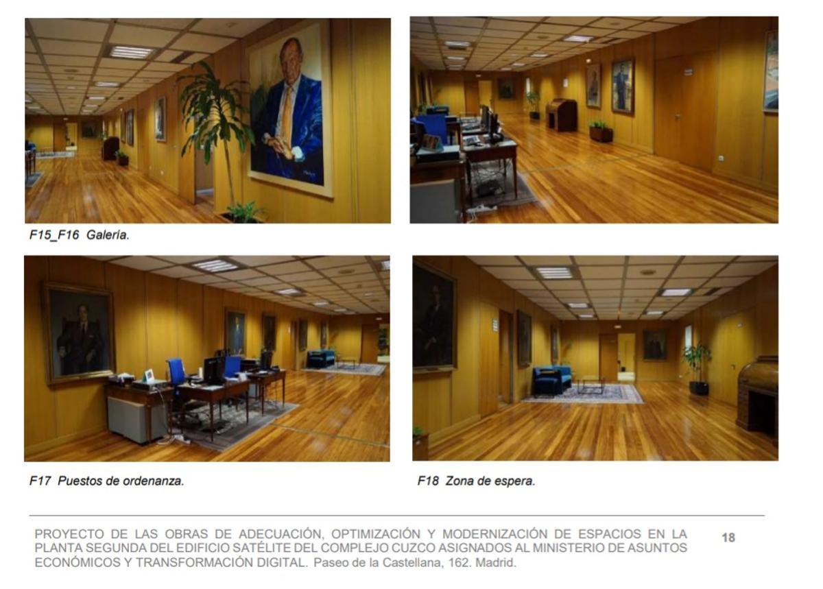 Distintas dependencias de la 'zona de Gabinete' de Nadia Calviño, donde se exponen retratos de distintos ministros de Economía.