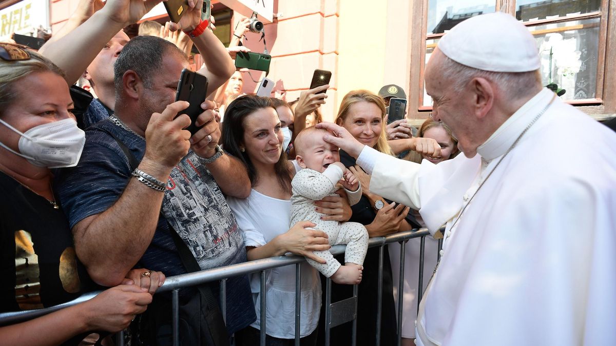 The Pope greets a group of the faithful last week in Slovakia. The Pope greets a group of the faithful last week in Slovakia.