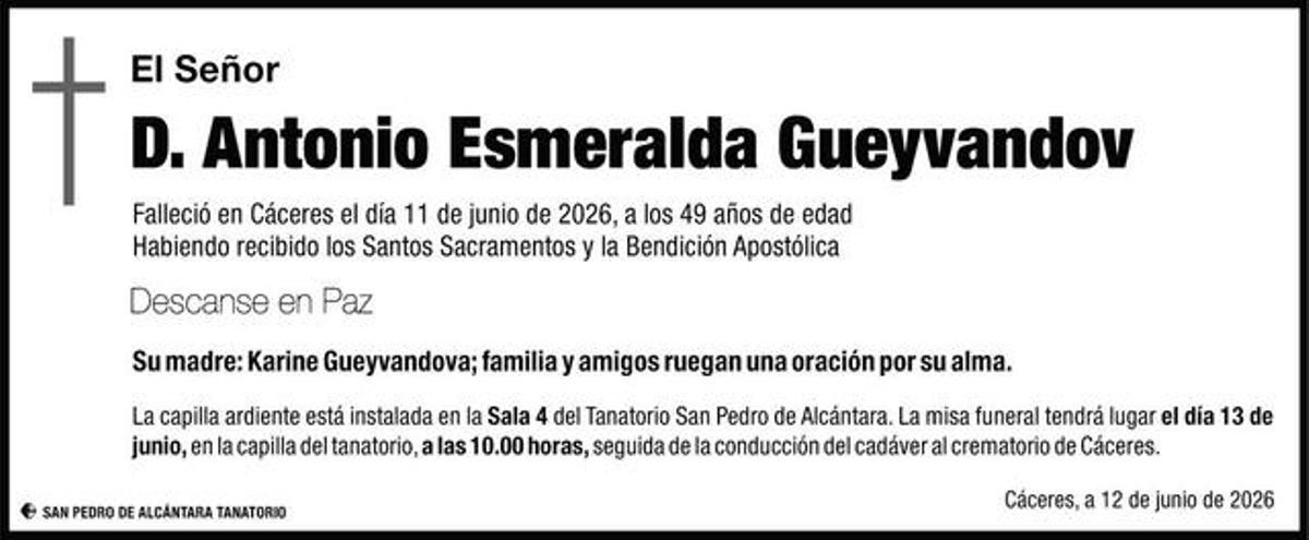 Esquela de Antonio Esmeralda Gueyvandov.