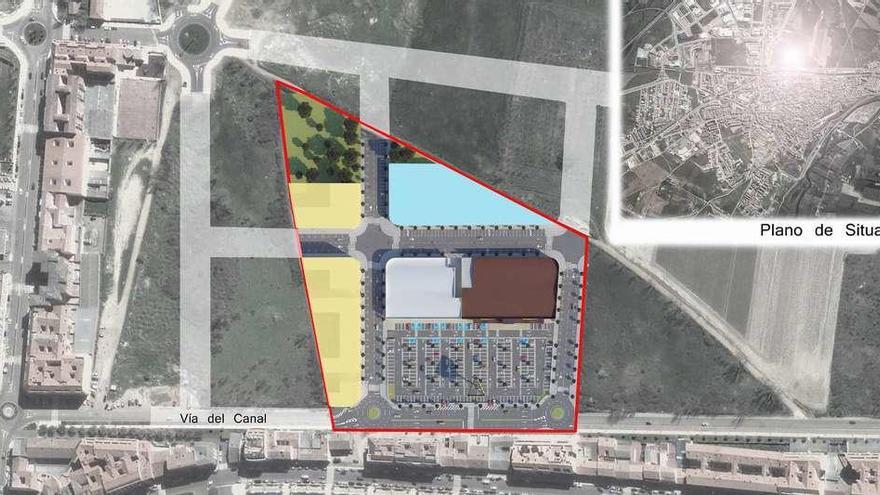 Plano de situación y de vista aérea de la superficie comercial proyectada por Gadisa en la Vía del Canal.