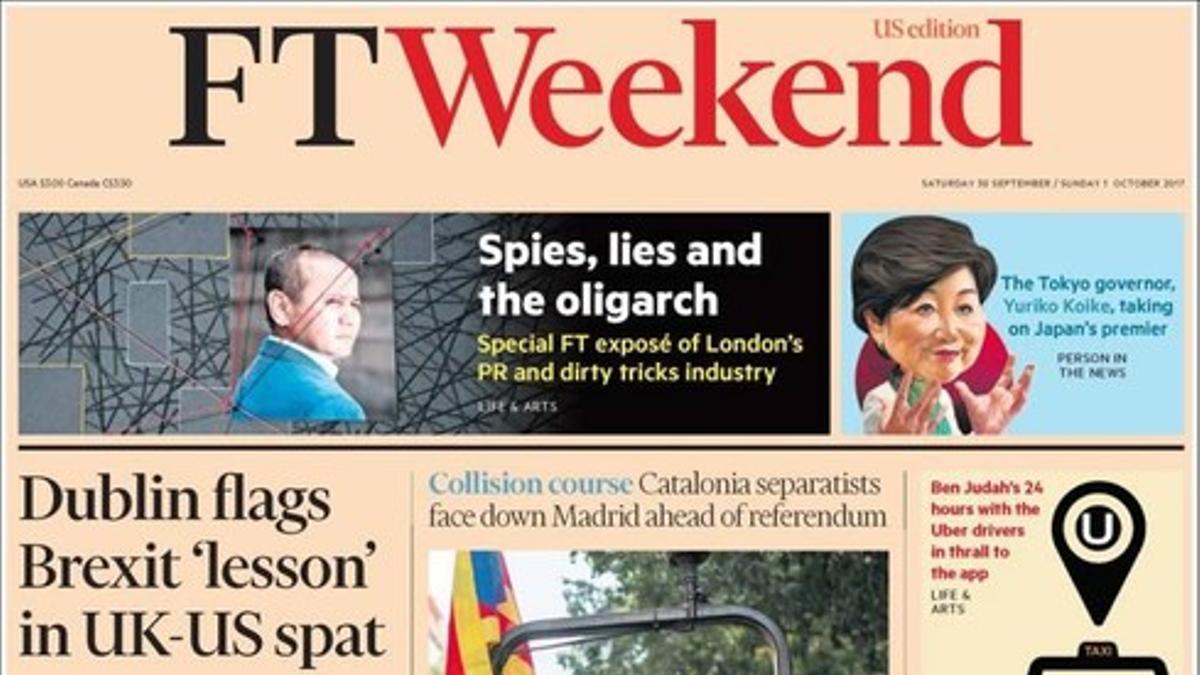 La portada de 'Financial Times' de este sábado, con foto dedicada al referéndum catalán.